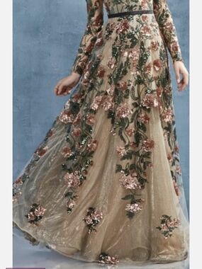Andrea And Leo Embroidered Floral Tulle Gown in Champagne and Rose Gold